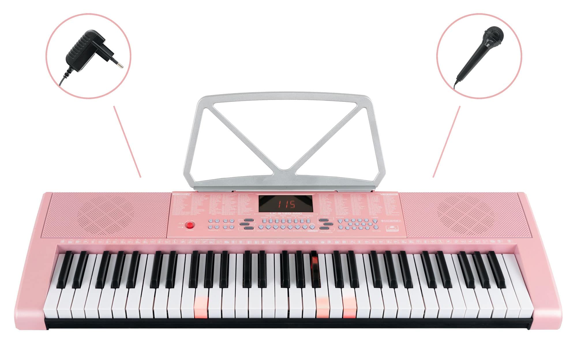 McGrey LK-6120-MIC Keyboard Set - Einsteiger-Keyboard mit 61 Leuchttasten - 255 Sounds und 255 Rhythmen - 50 Demo Songs - Inklusive Mikrofon - Spar-Set inkl. X-Keyboardständer und Kopfhörer - Pink