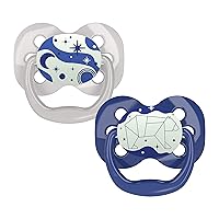 Dr. Brown's Advantage Glow-in-the-Dark Pacifier, 100% Silicone Baby Paci Symmetrical Soother, 0-6m, BPA free, Blue, 2 Pack (Styles May Vary)