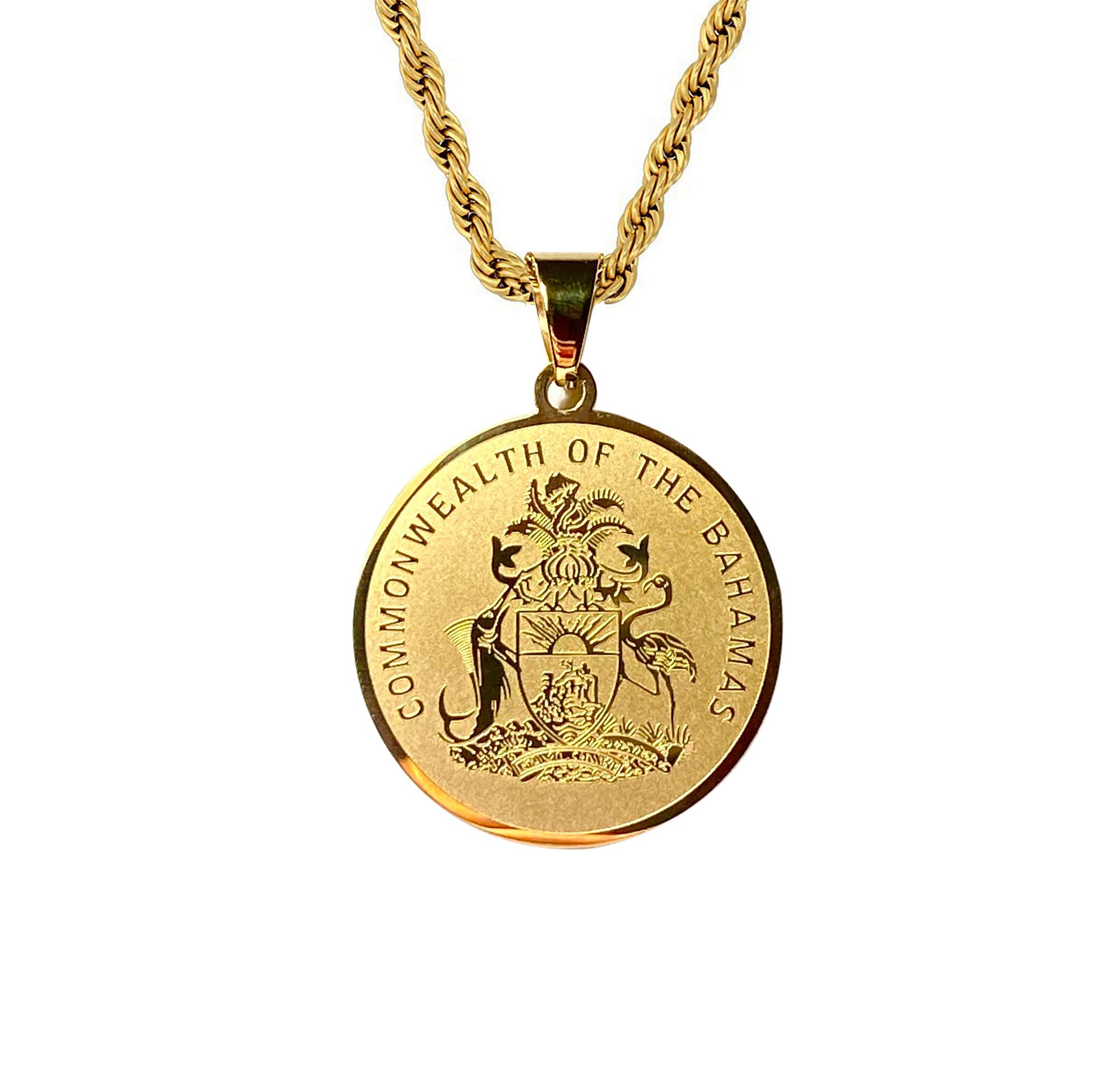Men Women 925 Italy 14k Gold Finish Round Bahamas Coin Common Wealth Of Bahamas Peso money Gold Coin Pendant Stainless Steel Real 2.5 mm Rope Chain Necklace, Chain Pendant Rope Necklace