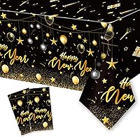2PCS Happy New Year Tablecloth, Disposable Black Gold NYE Party Tablecloth Decorations, Rectangular Plastic New Year Table Cover NYE Theme Party Supplies for Birthday Party Decorations, 108 x 54”