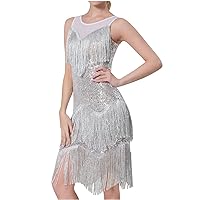 Women's Mesh V Neck Sleeveless Party Mini Dresses Tassel Trim Sparkly Sequin Evening Dress Bodycon Elegant Prom Dress