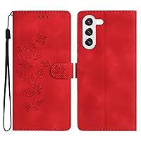 Galaxy S24 Plus Case Wallet for Women, Card Holder Folding Flip Design Embossing Flower Leather Magnetic Folio Cover Compatible with Samsung Galaxy S24 Plus (Red)