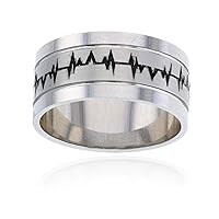 DECADENCE Sterling Silver Rhodium 10mm Etched Heart Beat Chart Men's Band Ring