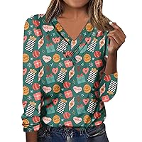 Women's Long Sleeve Tops Fall V Neck Blouses Loose Fit Button Christmas Day Prints Casual Tees Clothes, S-3XL