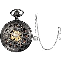 SIBOSUN Skeleton Pocket Watch with Antique Life Tree Pendant Design Charm Fob T-Bar Chain Silver