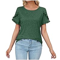 Women Tops and Blouses 2024 Summer Casual T Shirt Ruffle Petal Sleeve Crewneck Tee Loose Plain Tunic Basic Shirts