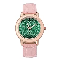 Beautiful Emerald Green Glitter Sparkles Womens Watch Round Printed Dial Pink Leather Band Fashion Wrist Watches