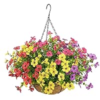 Artificial Flowers in Basket,Artificial Hanging Baskets with Flowers for Outdoors Indoors Courtyard Decor,12 inch Coconut Lining Basket for Patio Garden Porch Deck Decoration