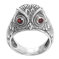 NOVICA Artisan Handmade Garnet Domed Ring .925 Sterling Silver Owl from Indonesia Red Aurora Animal Themed Birthstone 'Night Watcher in Red'