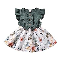 Toddler Kids Baby Girls Ruffle Sleeves Bowknot Linen Top Stitching Floral A-Line Skirts Clothes Princess Dress