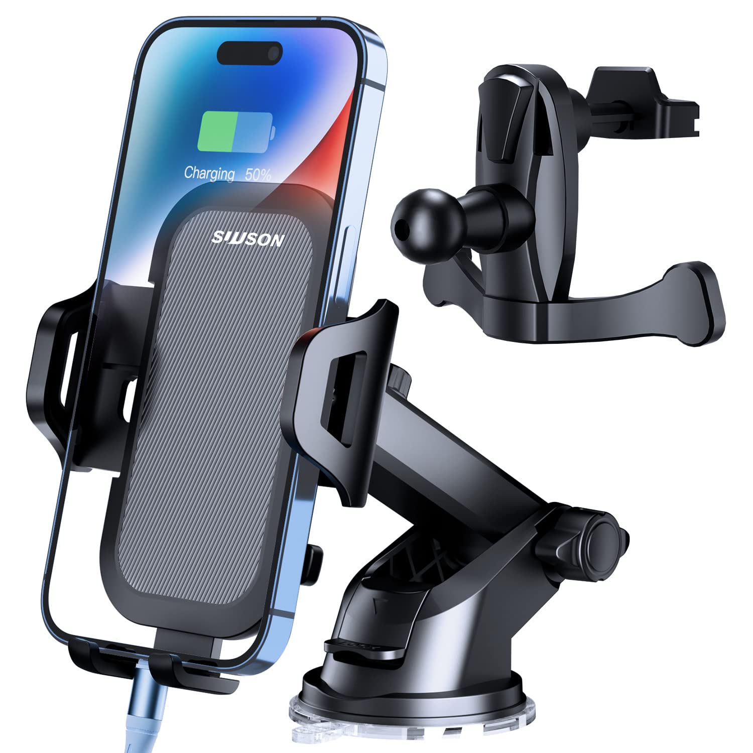 SUUSON Car Phone Holder Mount【Upgraded】-【Bumpy Roads Friendly】 Phone Mount for Car Dashboard Windshield Air Vent 3 in 1,Hand Free Mount for iPhone 14 13 12 Pro Max Samsung All Cell Phones (Gray)