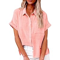 Womens Cotton Linen Button Down Shirt 2024 Spring Summer Casual Short Sleeve Solid Color Loose Business Work Tops