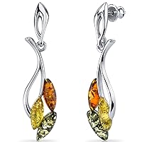 PEORA Genuine Multicolor Baltic Amber Leaf Pendant Necklace and Earrings for Women in Sterling Silver, Rich Cognac, Olive Green and Honey Yellow Colors