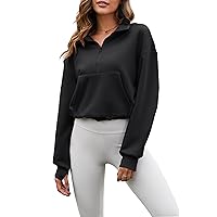 Flygo Womens Half Zip Hoodies Cropped Pullover Sweatshirt Fleece Lined Sweater Tops with Pocket Thumb Hole
