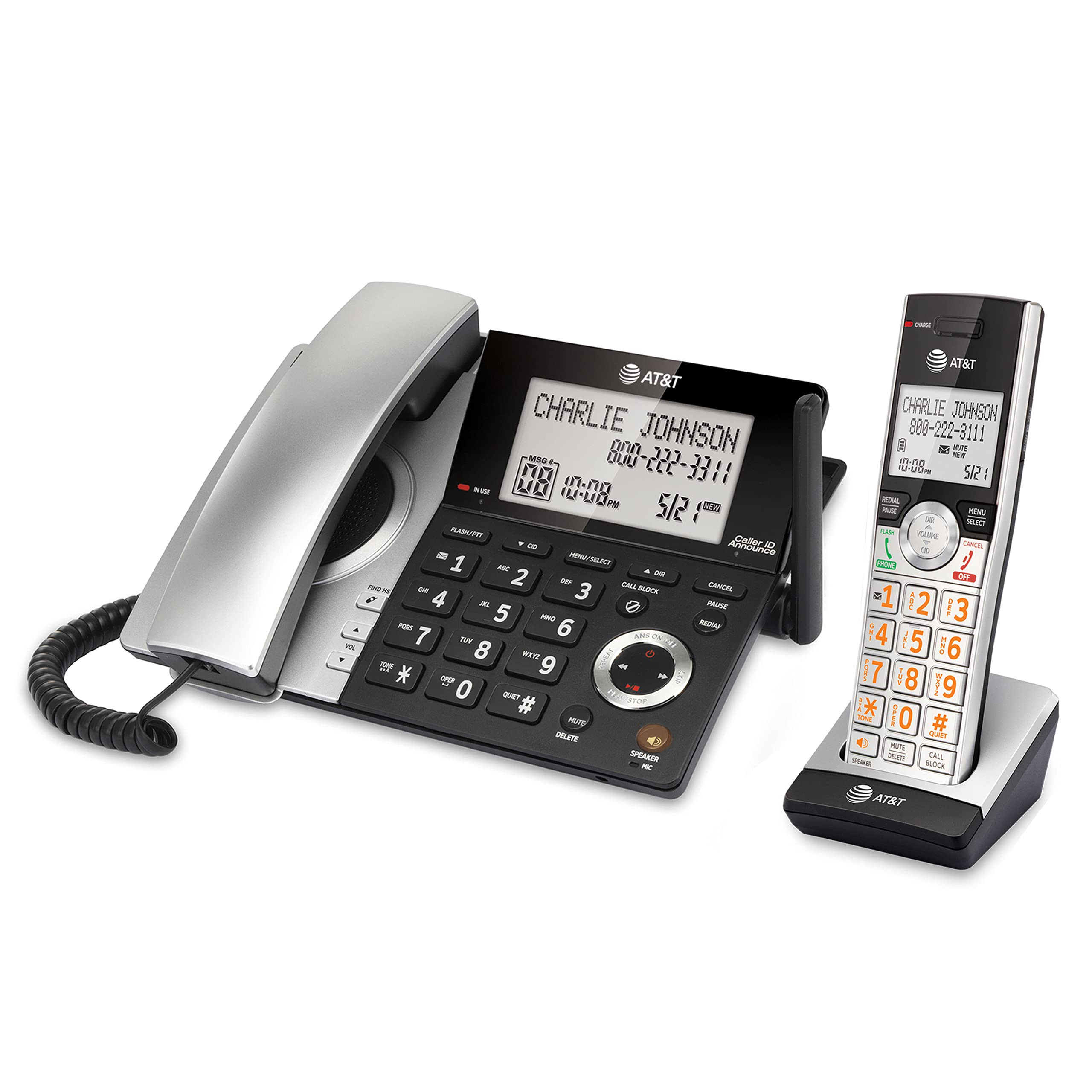 AT&T CL84107 DECT 6.0 Expandable Corded/Cordless Phone with Smart Call Blocker, Black/Silver with 1 Handset
