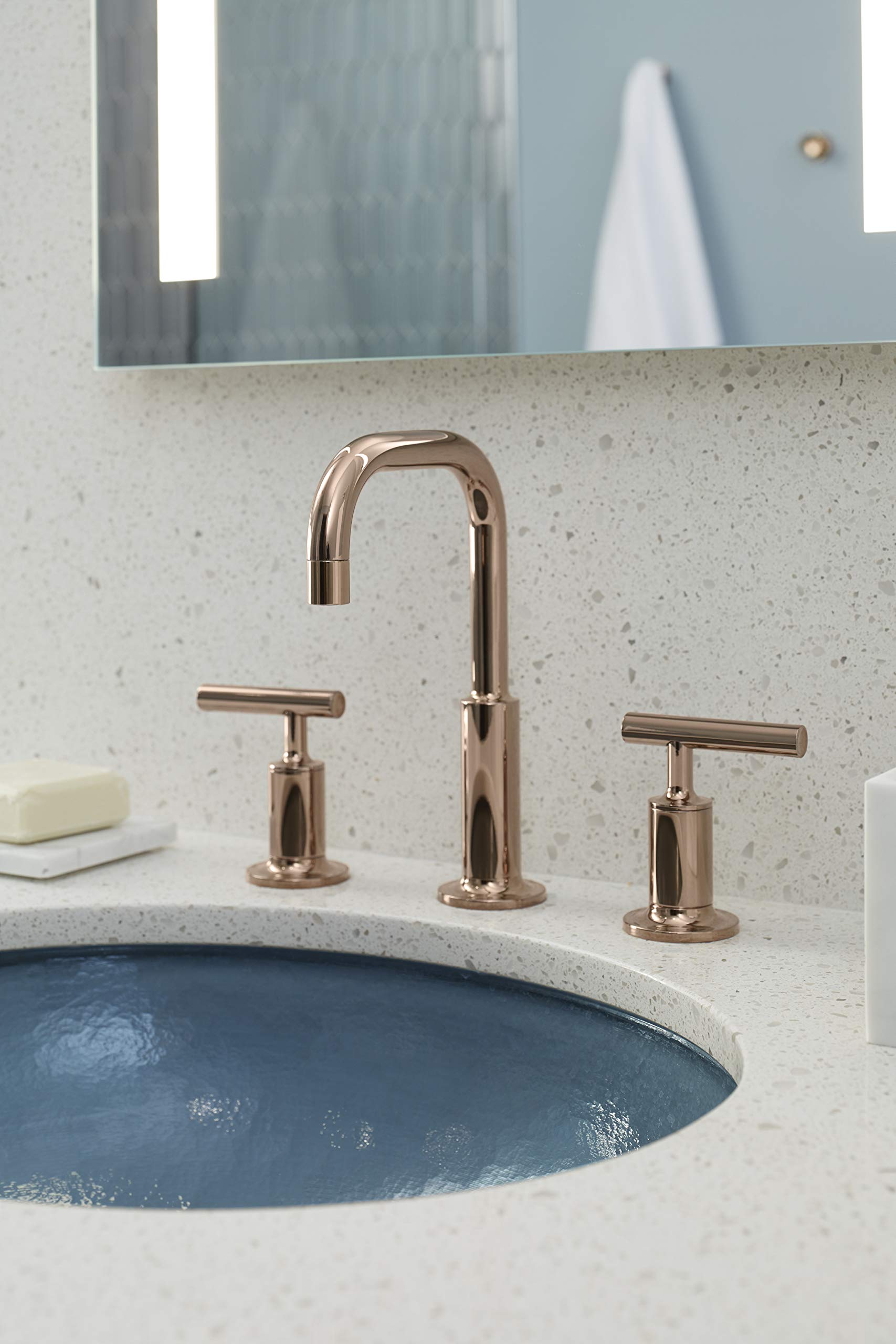 Bathroom Faucet by KOHLER, Bathroom Sink Faucet, Purist Collection, 2-Handle Widespread Faucet with Metal Drain, Vibrant Moderne Brushed Gold, K-14406-4-BGD