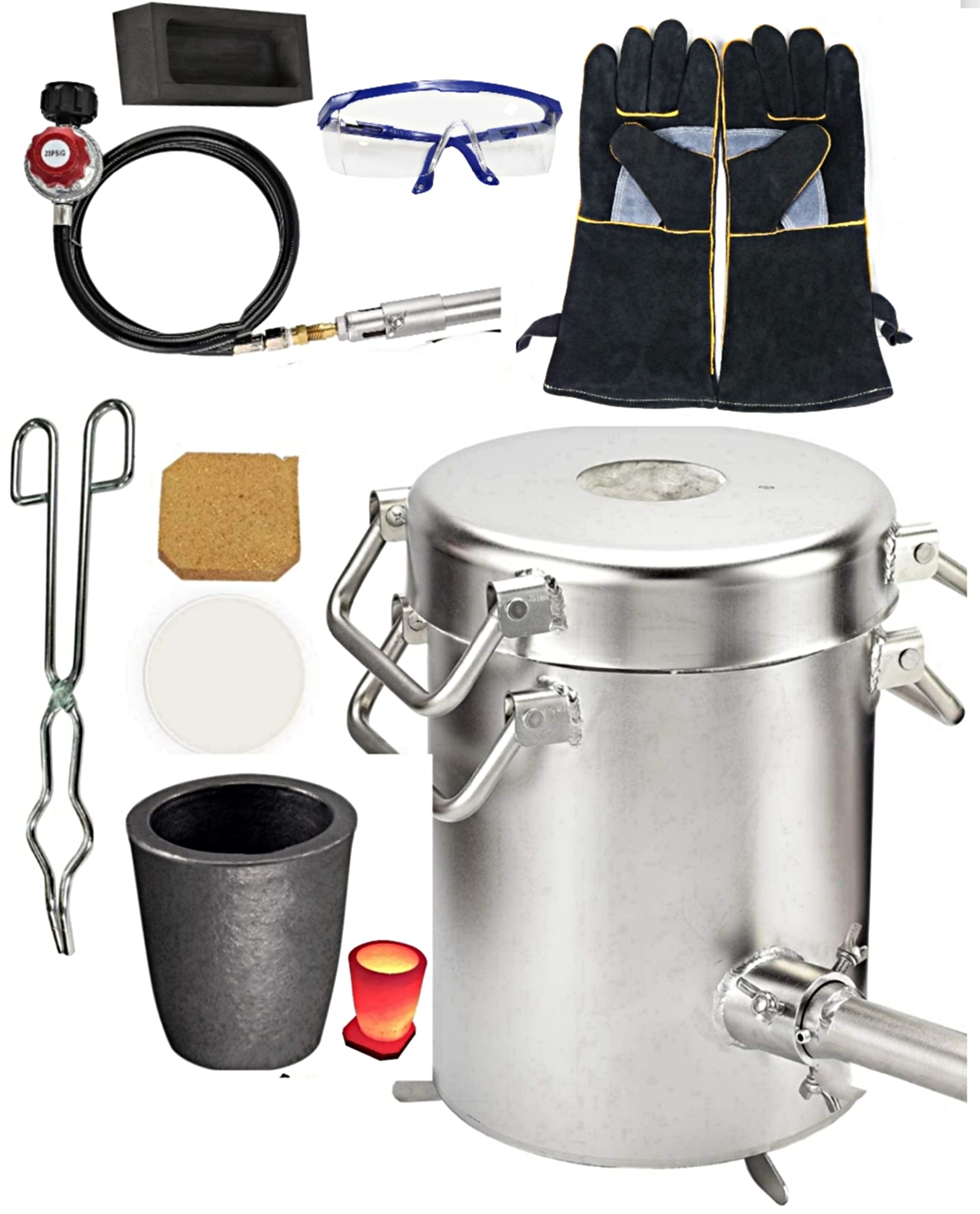 0-28lbs/12.8KGS Gas/Propane Metal Melting Furnace Kit, UP to 1800°C/3872°F, Crucible, Gloves, Goggles, Tong, Klin, Smelt Gold, Silver, Alu, Copper,...