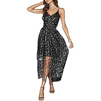 Milumia Women's Glitter Galaxy Print Contrast Mesh Spaghetti Strap Swing Midi Party Dress