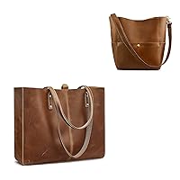 S-ZONE Women Genuine Leather Tote Bag Shoulder Handbag Bundle with Bucket Crossbody Purse