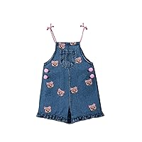 Girl's Ruffle Hem Denim Overall Shorts Bear Printed Pocket Front Self Tie Strap Jean Romper