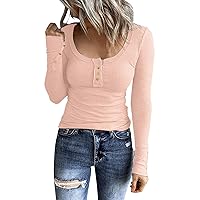 Women's Long Sleeve Shirts Casual Fall Henley Top Button Down Blouses Basic Ribbed Knit T Shirts 2024(Pink,XXL)