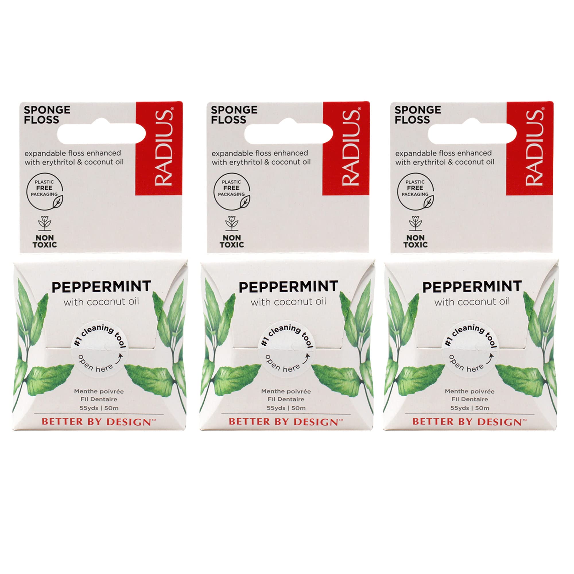 RADIUS Peppermint Dental Floss 55 Yards Vegan and Non-Toxic Oral Care Boost Total Tooth & Gum Protection Clear - Pack of 3