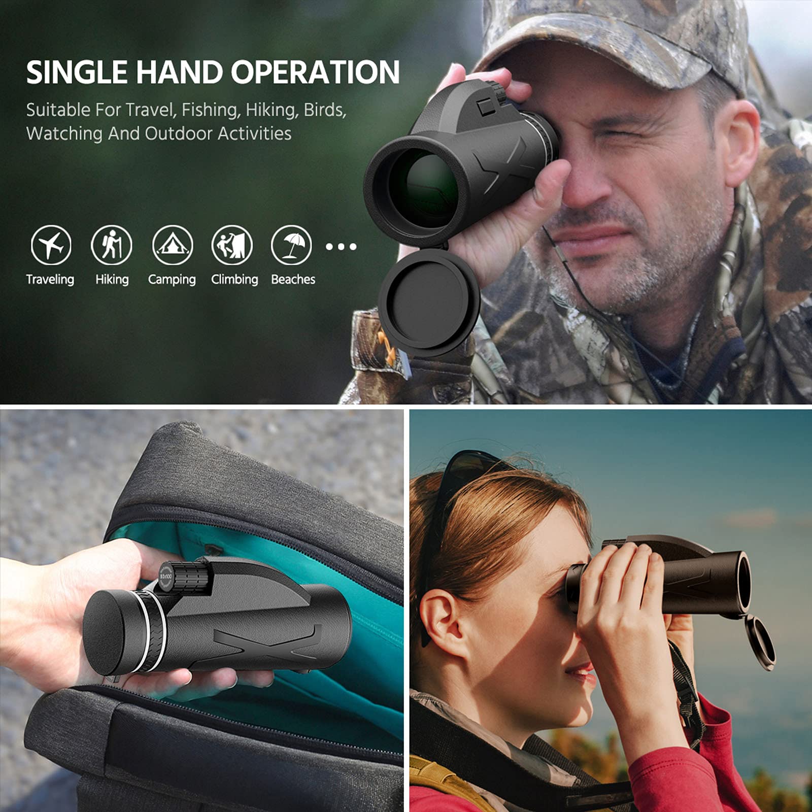 Monocular Telescope - 80x100 Compact High Power Monocular for Adults Kids HD Bifocal with Smartphone Holder and Tripod, Waterproof Fogproof Portable Prism for Wildlife Bird Watching Hunting Camping