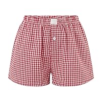 Womens Y2k Cute Plaid Striped Print Pajama Boxer Shorts Gingham Lounge PJ Bottoms Shorts Checkered Sleep Shorts