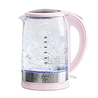 GreenLife 1.7 Liter Glass Electric Kettle, Easy One Touch Use, Quick Heating, Filtered Spout, LED Base, Auto Shut-Off, Cordless Serving, Coffee and Tea, Pink