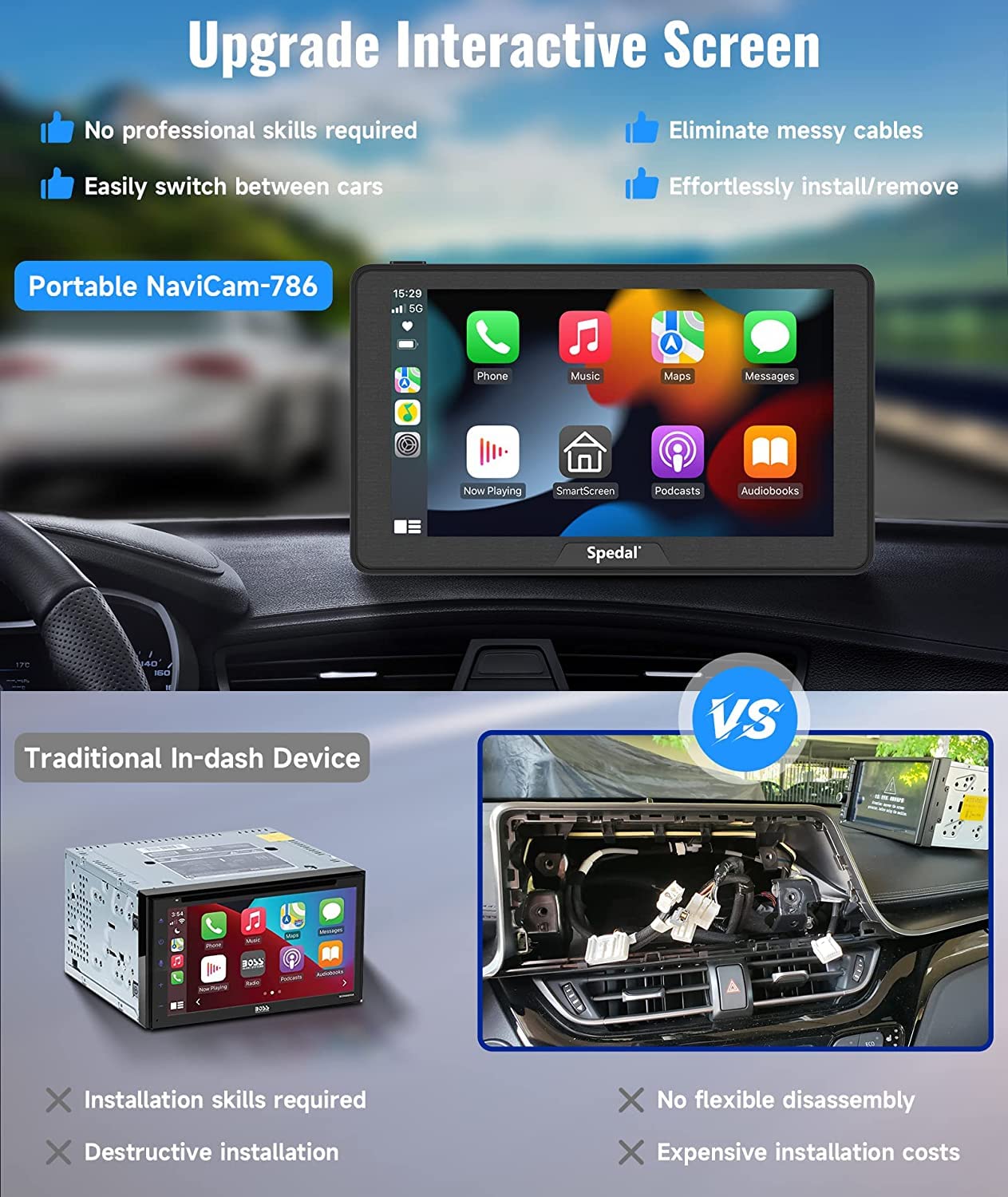 Portable Car Stereo with Wireless CarPlay and Android Auto, Spedal NaviCam-786 Car Screen Apple CarPlay Dash Mount, 7