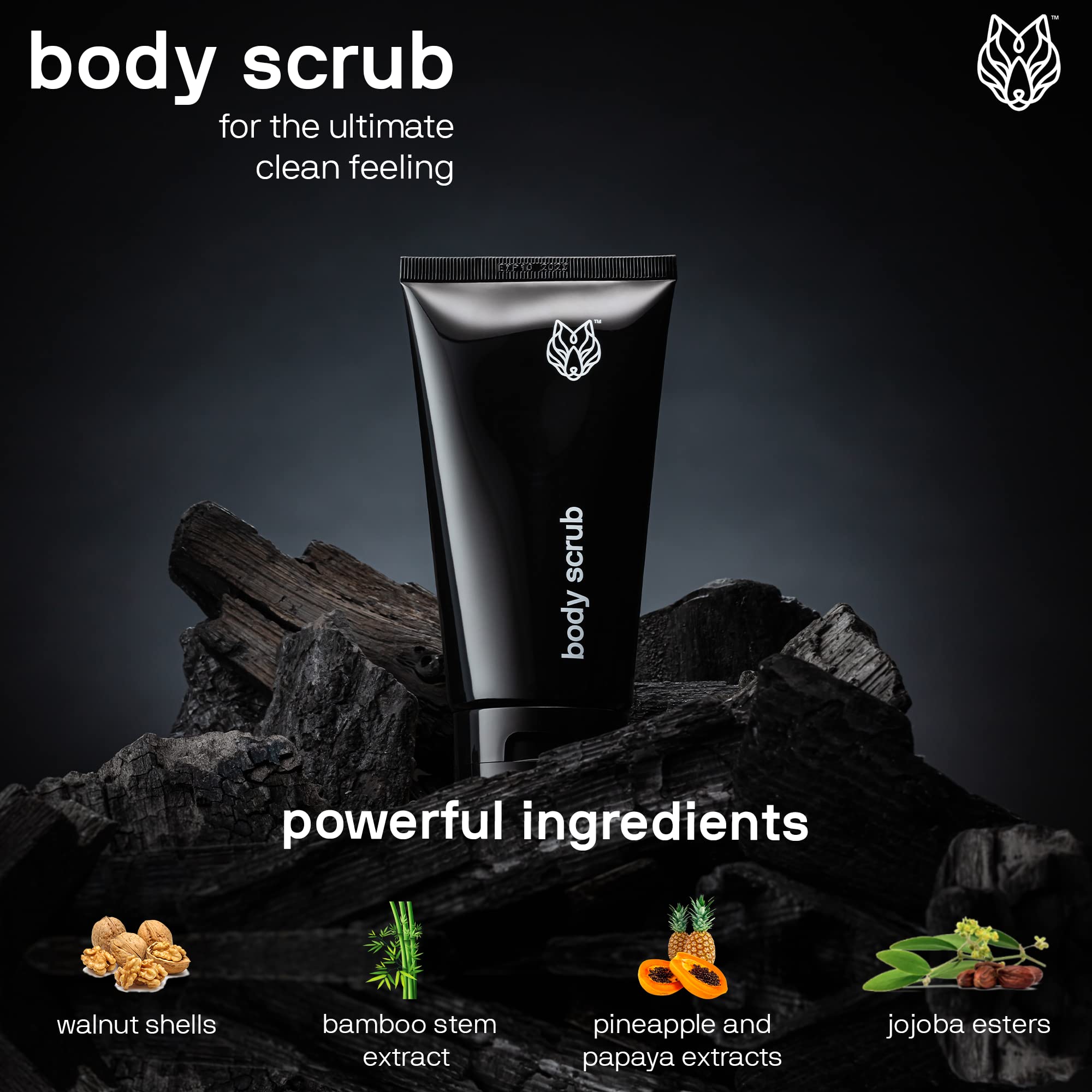 Black Wolf - Exfoliating Body Scrub for Men- 5 Fl Oz- Exfoliating Cleanser Unclogs Pores While Exfoliating Your Skin- Hydrating Sugar Technology Moisturizes Skin- Sulfate, & Cruelty Free, for Dry Skin