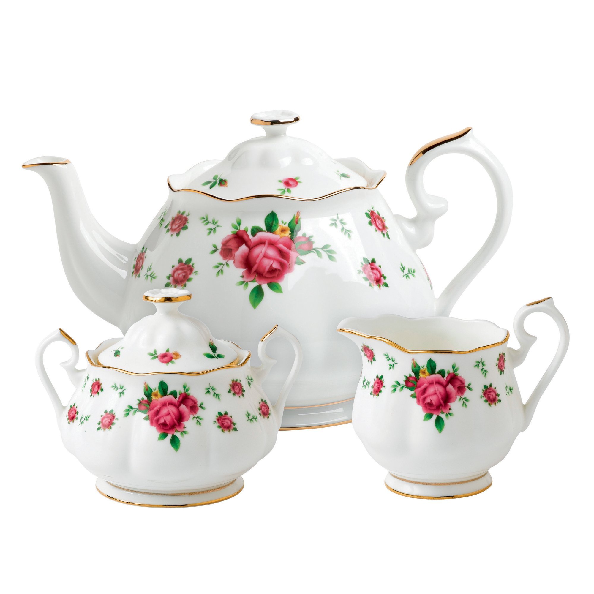 Royal Albert New Country Roses 3-Piece (Teapot, Sugar & Creamer) Tea Set, White/Pink