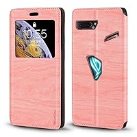 Asus ROG Phone 2 ZS660KL Case, Wood Grain Leather Case with Card Holder and Window, Magnetic Flip Cover for Asus ROG Phone 2 ZS660KL Pink