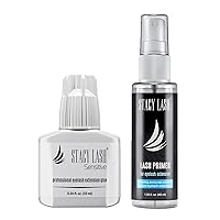 Sensitive Eyelash Extension Glue 10ml & Primer/Cleanser 40ml - Stacy Lash/Black Adhesive for Semi-Permanent Extensions / 5-6Sec Drying Time/Low Fume/Protein Oil Remover/Professional Supplies