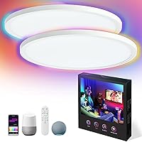 16 Inch 2 Pack Smart Ceiling Light RGB Work with Alexa, Remote Control, WiFi and Tuya App - Low Profile Dimmable LED Flush Mount Light Fixture for Bedroom, Living Room, White