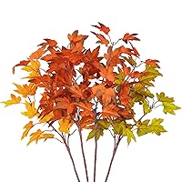 4Pcs Artificial Maple Leaves Branches 21.6in Fake Fall Leaves Stems Plants Outdoor Greenery for Home Kitchen Farmhouse Thanksgiving Table Centerpiece Fireplace Halloween Décor Orange