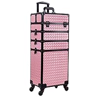 5 in 1 Professional Makeup Train Case Aluminum Cosmetic Case Rolling Makeup Case Extra Large Trolley Makeup Travel Organizer, with 360° Swivel Wheels, Pink, JG0001