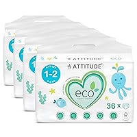 ATTITUDE Biodegradable Baby Diapers NonToxic EcoFriendly Safe for Sensitive Skin ChlorineFree LeakFree Size lbs 4 Packs of 36, Plain White (Unprinted), Fragrance Free, 144 Count
