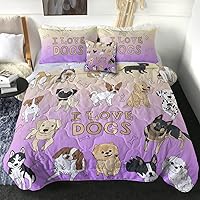 Sleepwish Dog Lover Comforter Set Queen Purple Puppy Bedding Set for Kids Girls Pug Retriever Corgi Dog Bed Comforter 4 Piece Cute Pet Animal Bedspreads (Queen)