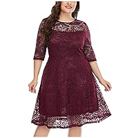 Womens Round Neck Floral Embroidered Lace Midi Dress Short Sleeve Bridesmaid Wedding Guest Cocktail Party Dresses