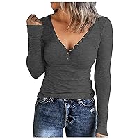 Ribbed Long Sleeve Tops for Women Fall Clothes Cute Button Basic Henley T Shirts Slim Fit Sexy Low Cut Cleavage Blouses