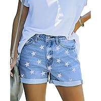 KISSMODA Womens Denim Shorts Mid Rise Rolled Hem Summer Jeans Lady Look Short Hot Pants Star Print Large