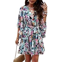 Casaul 3/4 Ruffle Sleeve Wrap V Neck Summer Chiffon Dress Knee Length Floral Spring Sun Dress for Women 2024
