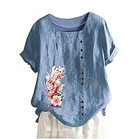 Linen Shirt Women, Womens Short Sleeve Summer Blouses Round Neck Boho Blouse Button Down T Shirt Floral Print Top