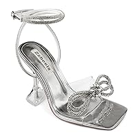 Zzheels Double Bowknots Crystal Sandals Clear Slingback Heels Square Toe Shoes for Party Wedding
