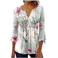 Cute Summer Tops for Women 2023 Women Blouse Short Sleeve Casual Fashion V-Neck Plant Flower Print Three Quarter