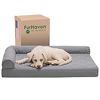 Furhaven Memory Foam Dog Bed for Medium/Small Dogs w/ Removable Bolsters & Washable Cover, For Dogs Up to 35 lbs - Pinsonic Quilted Paw L Shaped Chaise - Titanium, Medium