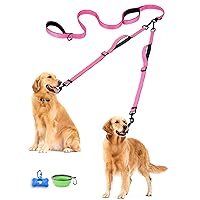 PetBonus Double Dog Leash, No Tangle Dual Dog Leash, Reflective Walking Training Leash, 4 Comfortable Padded Handles for 2 Dogs with Collapsible Bowl and Waste Bags Dispenser (Pink, Large)