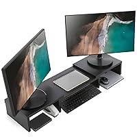Wood Dual Monitor Stand Riser with Adjustable Length Multi Media Speaker TV PC Laptop Computer Screen Stand Riser Desktop Stand Storage Organizer for iMac,Printer,Notebook,Xbox One,Black