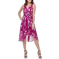 DKNY Women's Sleeveless Faux Wrap Dress, Berry Multi, 14